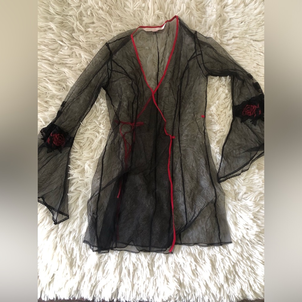 Vintage Victoria’s Secret Sheer Black Mesh Robe  Red Trim & Rose Embroidery XS/S